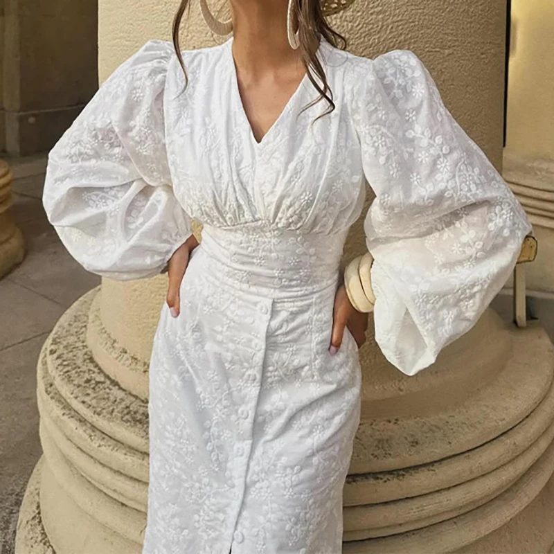 가을 휴가 브이넥 긴팔 드레스 시크한 단색 하이웨이스트 슬릿 여성 드레스 2025 우아한 자카드 비치 맥시 드레스