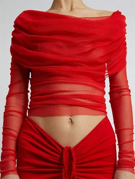 CHRONSTYLE maille voir à travers T-shirts hauts pour femmes à manches longues épaules nues froncé couleur unie décontracté fête rue été hauts