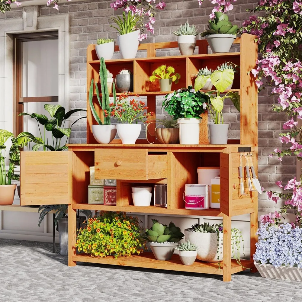

Solid Fir Wood Potting Bench GWorkstation with Hutch, Drawer Adjustable Shelves, 50.2x19.7x66.1 Inch Outdoor GWork Table for Bac