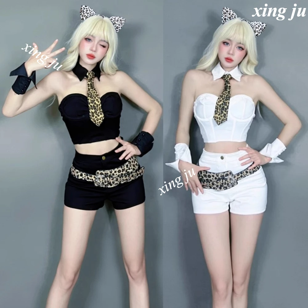 Women Singer Pole Dancing Costumes White Strapless Halter Tops Sexy Tight Shorts Female Nightclub Dj Dancer Wear Rave Clothes