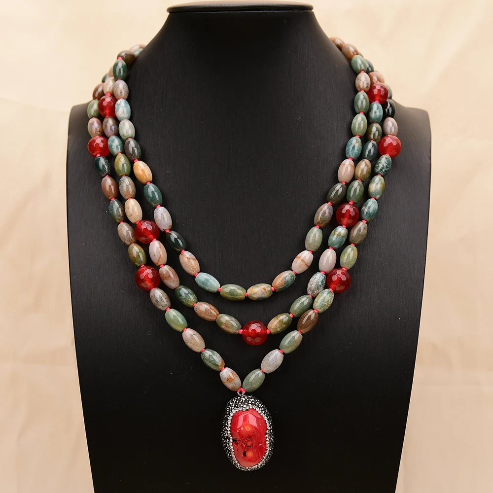 APDGG A86 Handmade 3 Rows Natural Mix Stone Jade Agate Coral Pendant Multi Strands Necklace