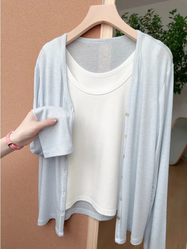 Ladies Pastel Blue Open Cardigan Summer Outerwear Sun Protection Light Veil Top Korean Style Loose Fit Long Sleeve V-Neck Kni...