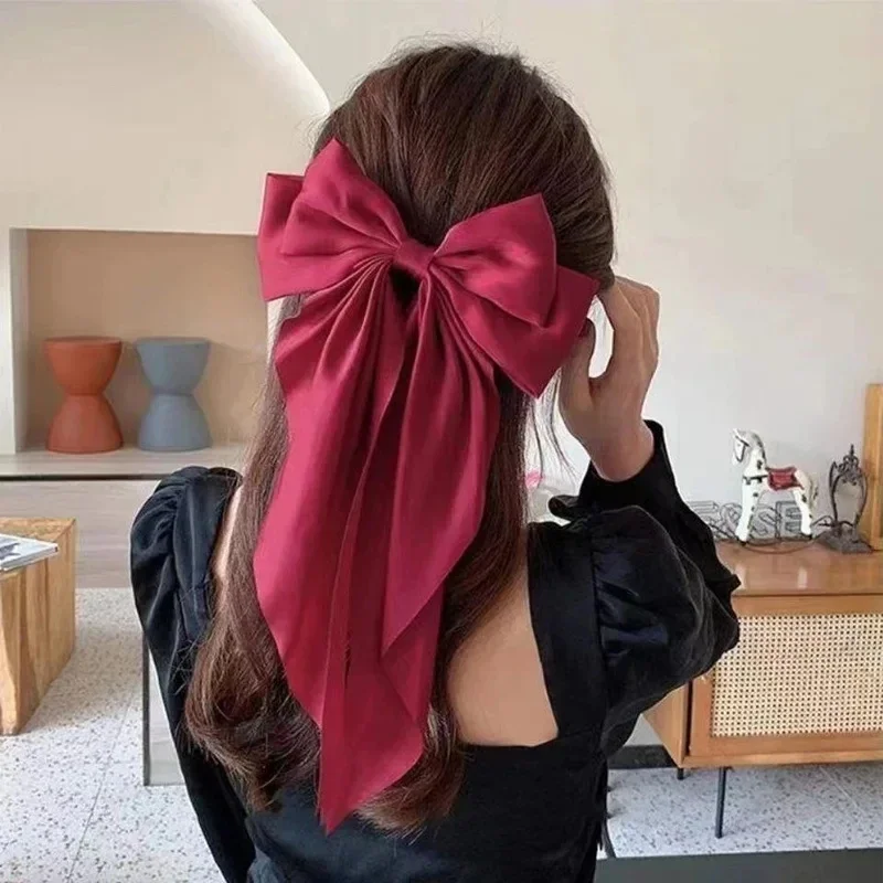 2024 New Women Large Bow Hairpin Summer Chiffon Big Bowknot Stain Bow Barrettes Women Solid Color Ponytail Clip Hair Accessories