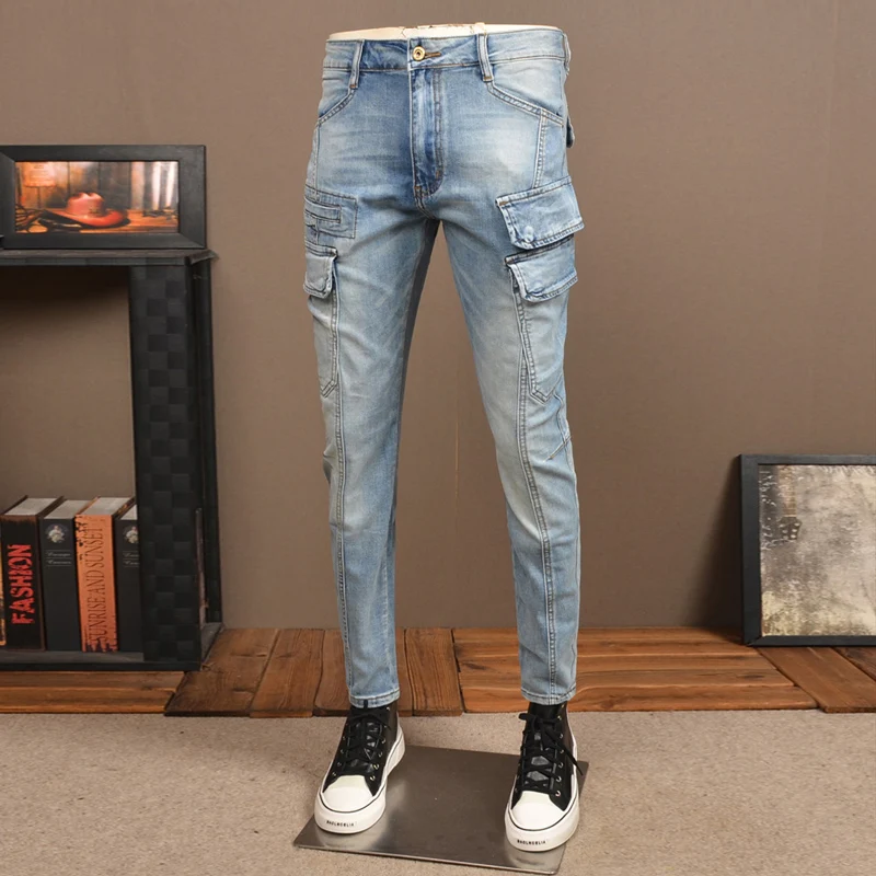 Jeans jeans stretch azul retrô masculino, slim fit, calça de motoqueiro estilista emendada, bolso grande, hip-hop, moda de rua