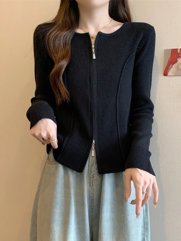 

Женская модная повседневная футболка с длинным рукавом и круглым вырезом на молнии, больших размеров, весна 2026