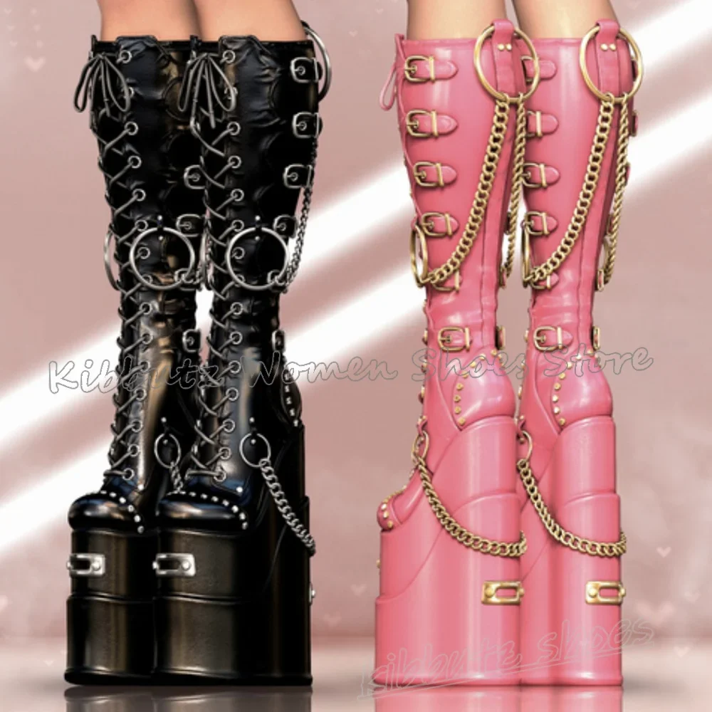 Sexy Hot Girls Boots Knee High Platform Round Toe High Wedges Metal Decor Lace-Up Fashion Elegant Concise Sexy Women Shoes New