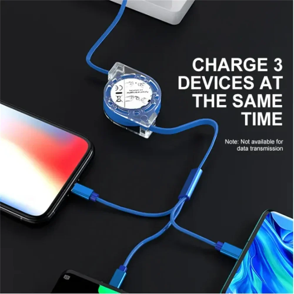 3 في 1 USB كابل شحن سريع الهاتف المحمول 5A شحن كريستال قابل للسحب الحبل آيفون 16/15 شاومي 15 هواوي سامسونج