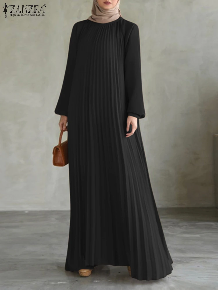 ZANZEA Autumn Pleated Sundress Fashion Women Long Lantern Sleeve Muslim Dress Abaya Islamic Maxi Robe Dubai Hijab Dresses Kaftan