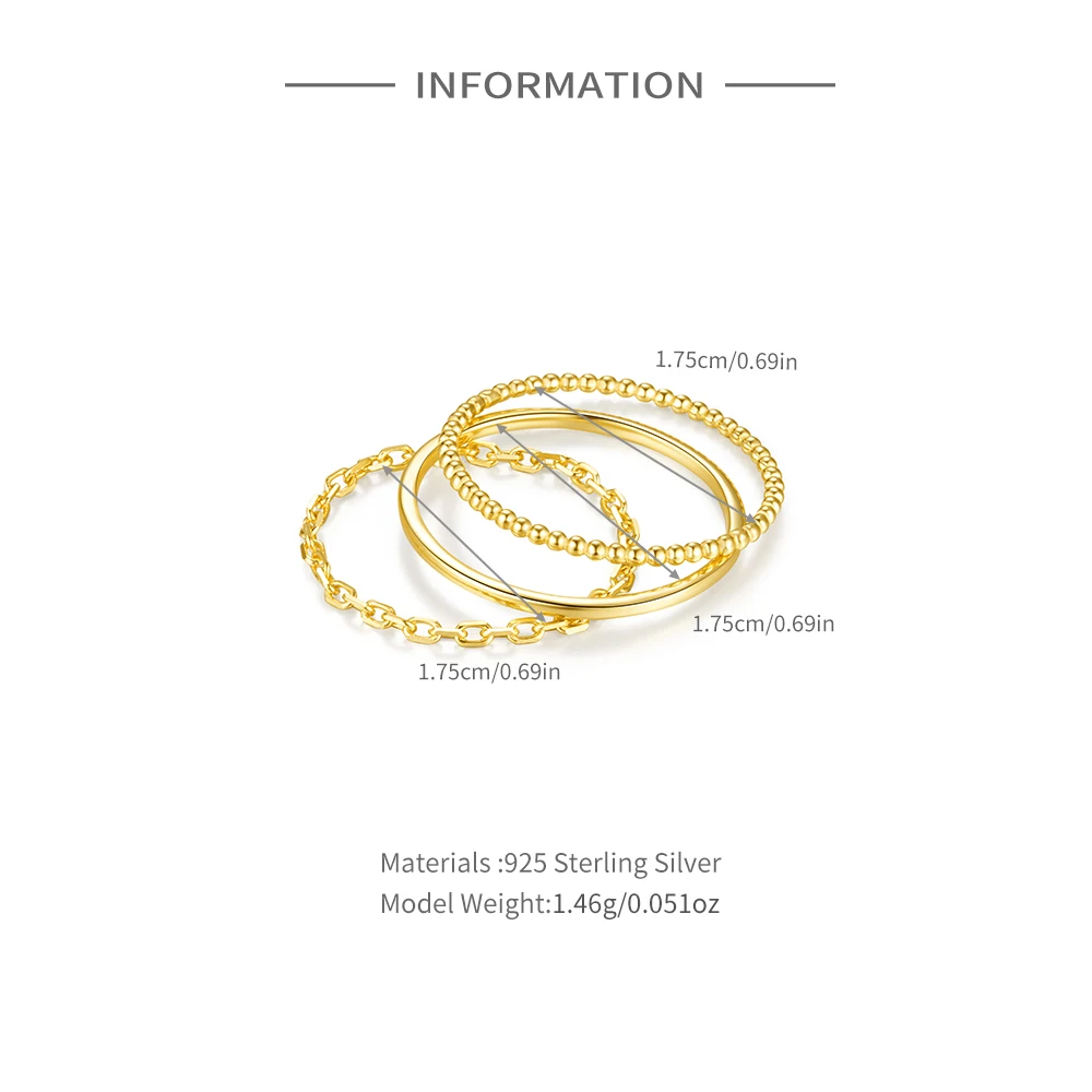 ROXI 925 Sterling Silver Three Piece Rings Set For Women 17.5mm Personalized Design Style Smooth/Twists/Chain Ring Party Jewelry