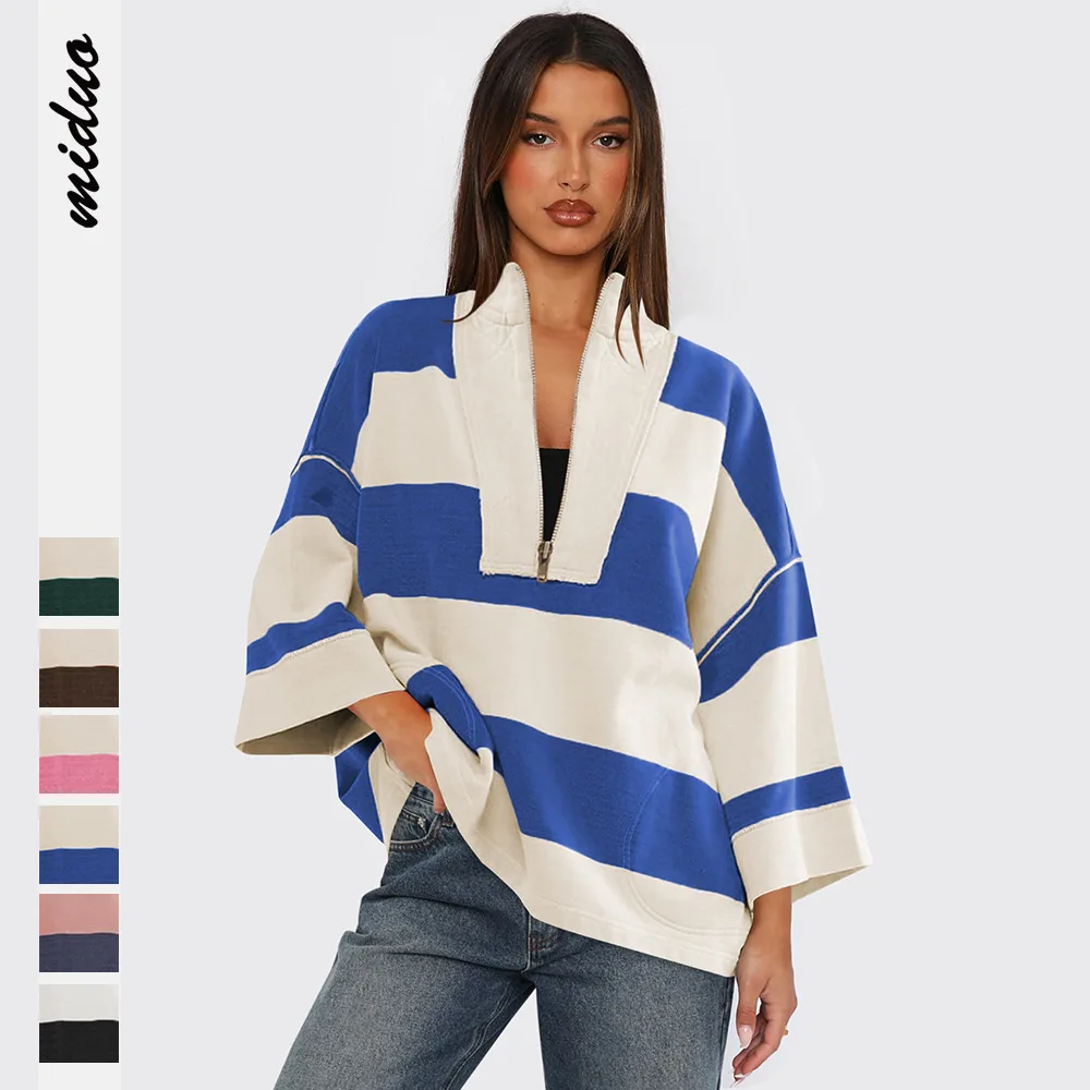 2024 Spring Autumn Women's Pullovers Female Oversize Stripe Half Zipper Long Sleeve Tops Lady's Casual Loose Sweatshirt Coat