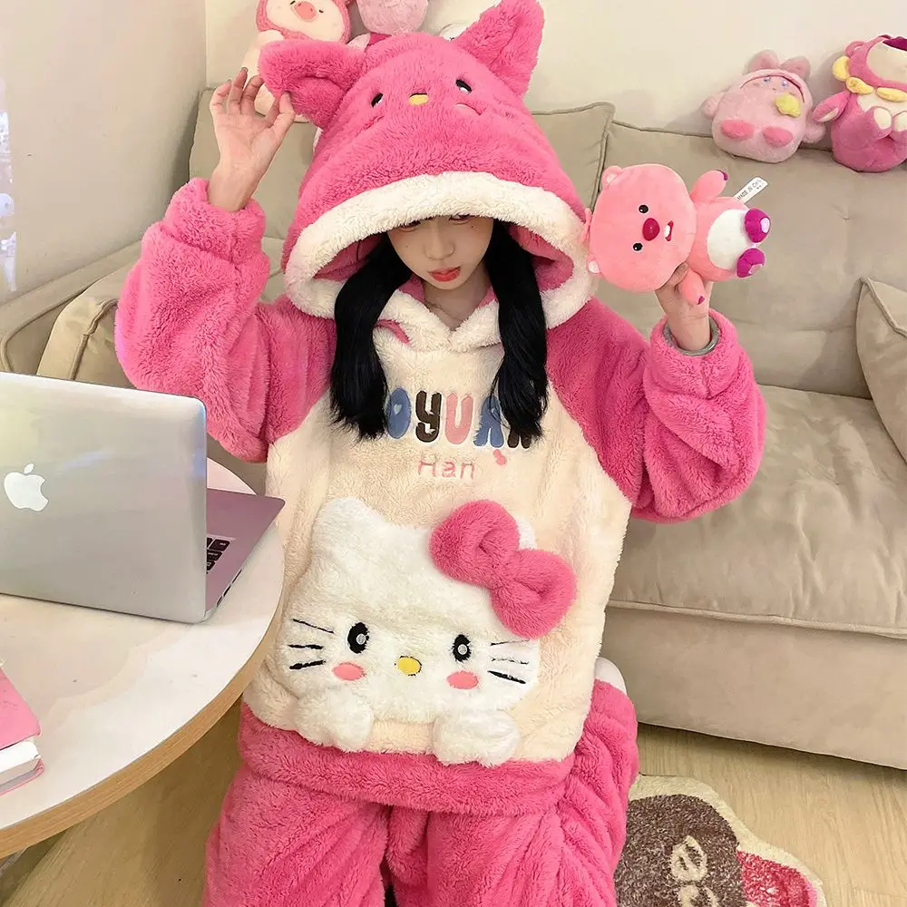 Sanrio Hello Kittys Cinnamoroll Coral Velvet Pajamas Women Kuromi Cartoon Long Sleeve Warm Girls Cute Melody Warm Homewear Set view 3