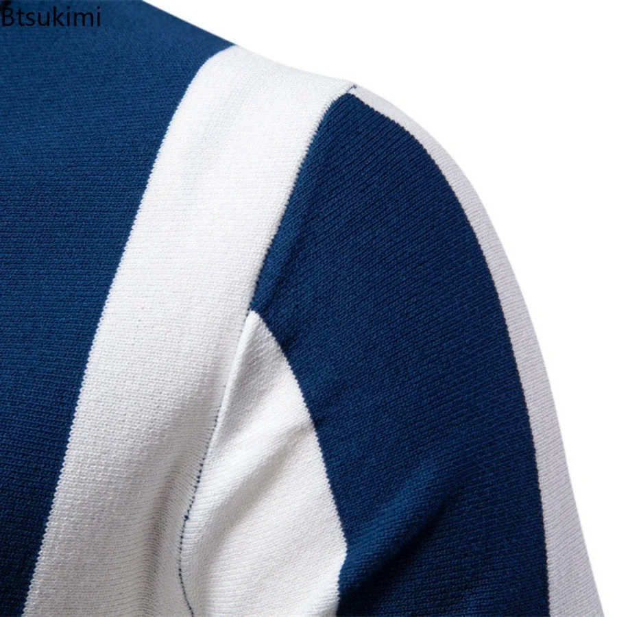 2025 Men's Summer Breathable Stripe Contrast Panel Polo Shirts New Business Casual Short Sleeve Knit Shirt Male Golf Sports Tops