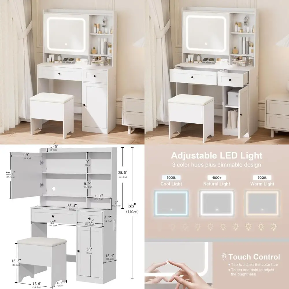 طاولة زينة بمرآة LED مع مساحة تخزين مخفية، ومقعد مبطن، و5 حجرات، ودرجين، وخزانة واحدة - مثالية لاستخدام غرفة النوم