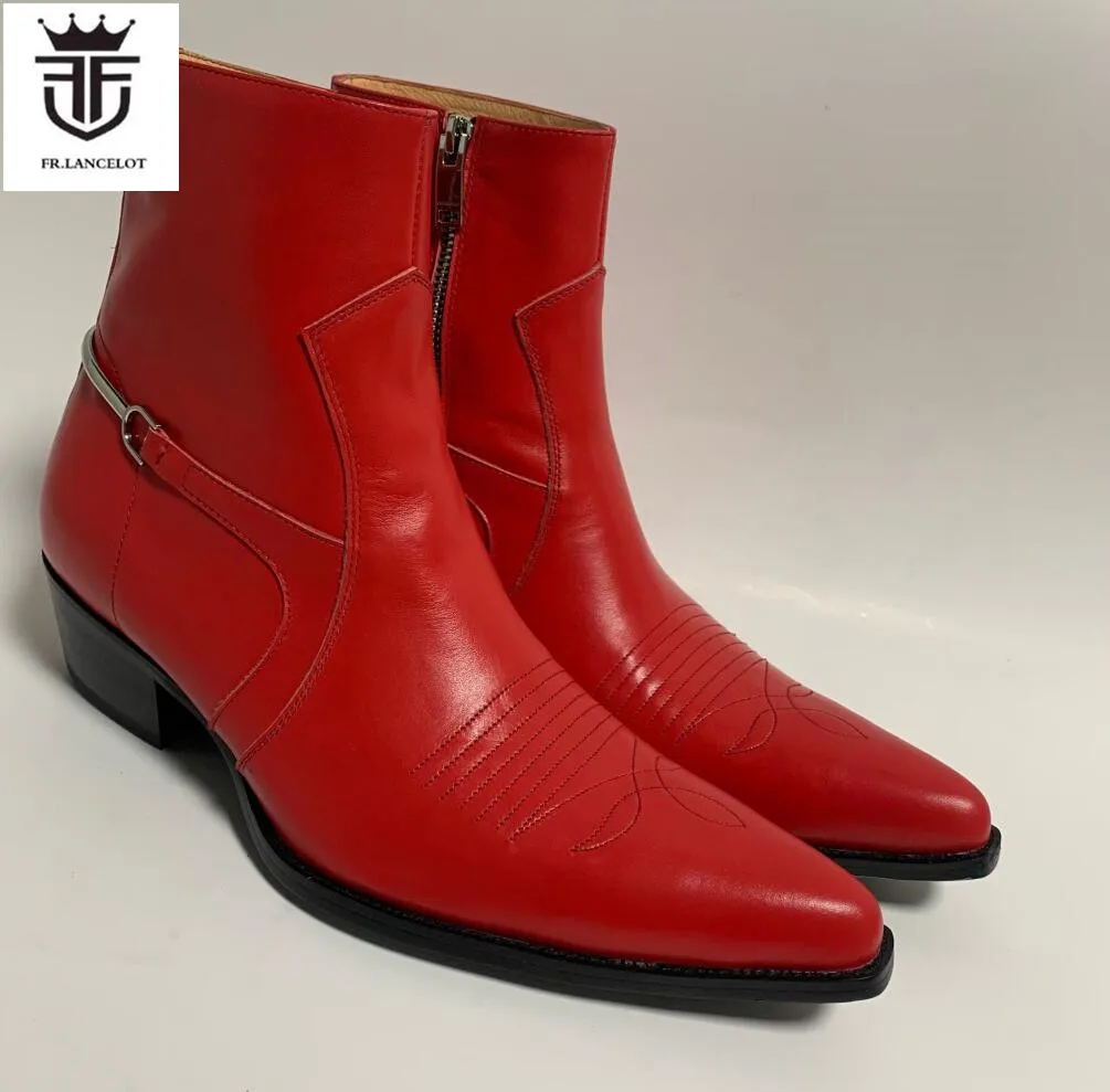 Brand New Fashion men red boots men point toe embroidery boots side zip mujer botas chunky heel