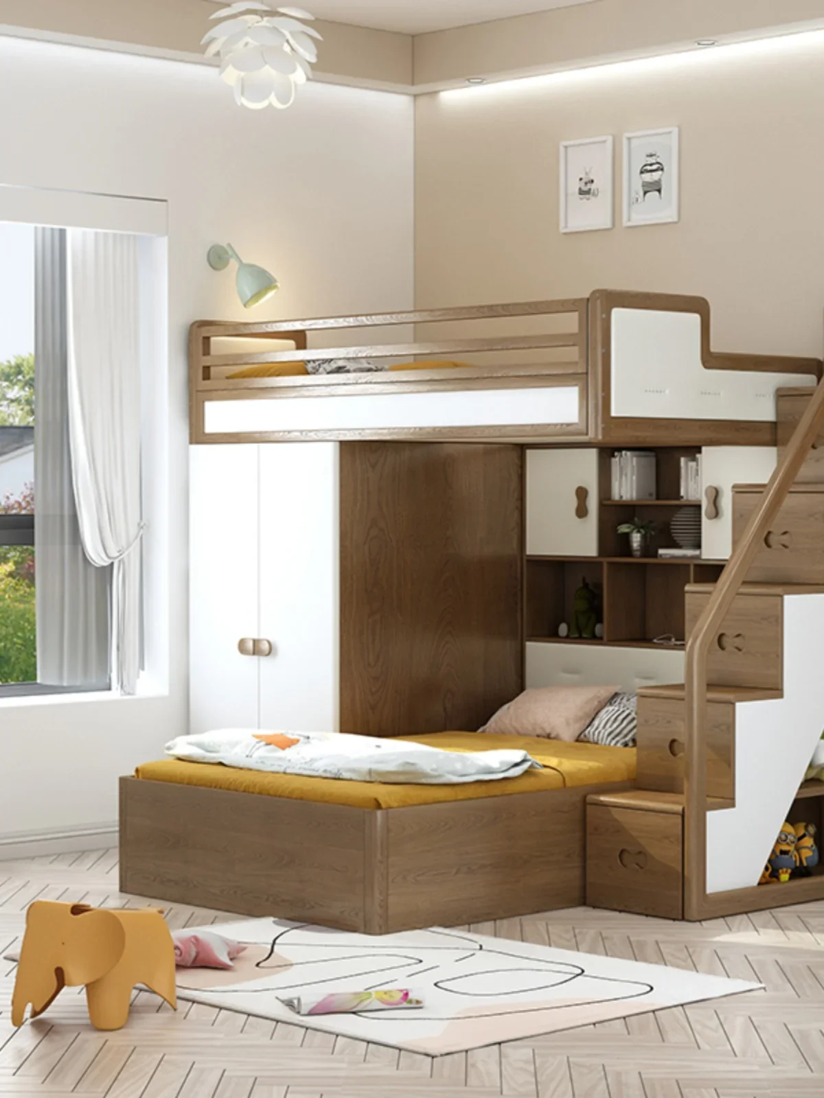 White wax wood upper and lower beds, mother bed, desk, wardrobe, integrated small unit, multifunctional high and low bed