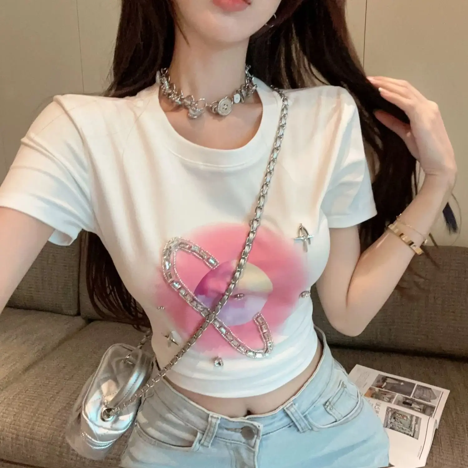 Dopamine Print Shoulder Short Sleeve T-shirt Women's Summer New Pure Lust Sweet Babes Crop Top Design Sense Niche Knitted Tshirt