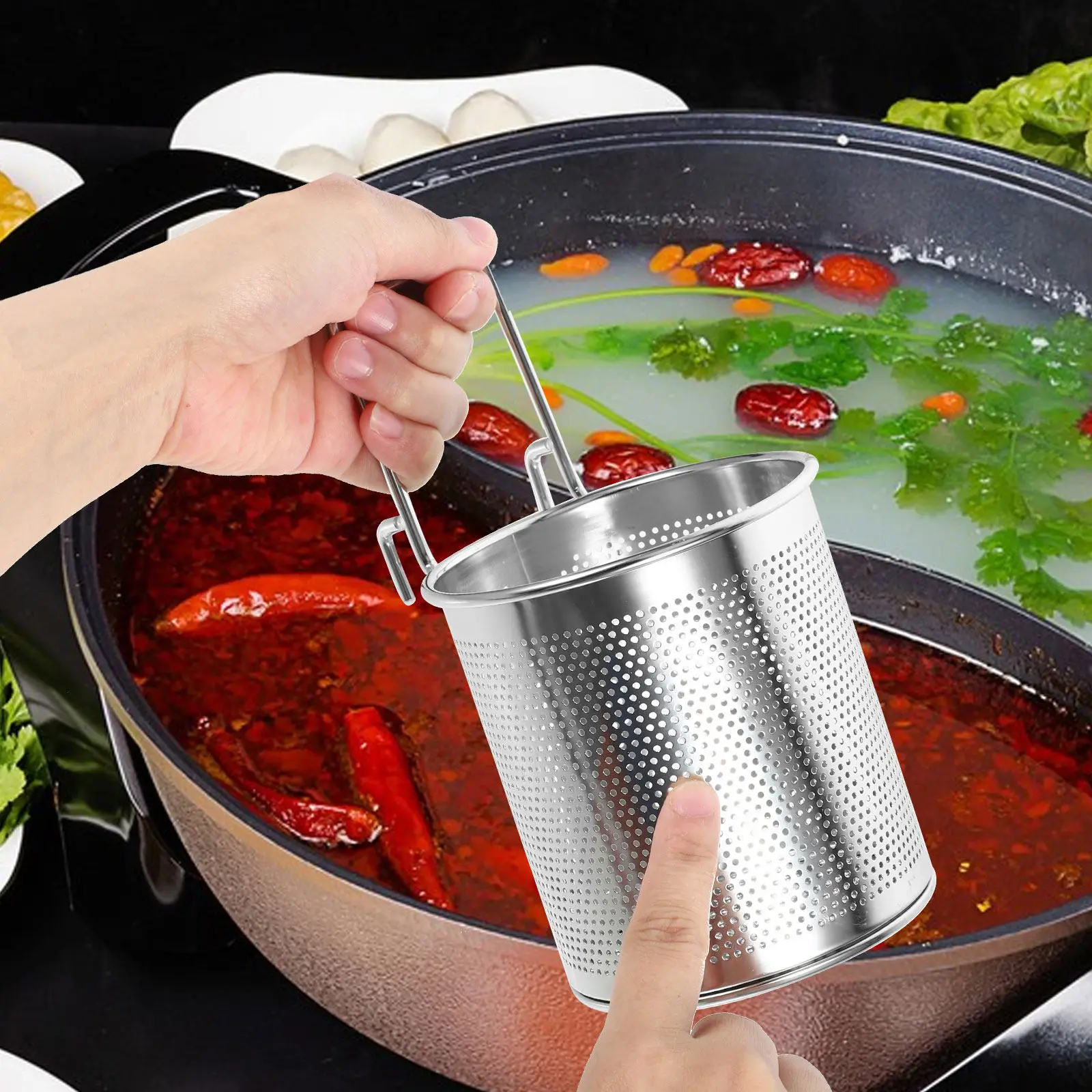 2Pcs Stainless Steel Hot Pot Strainer Basket Fine Mesh Noodle Colander Pot Side Hook Cooking Boiling Frying Filtering Vegetables