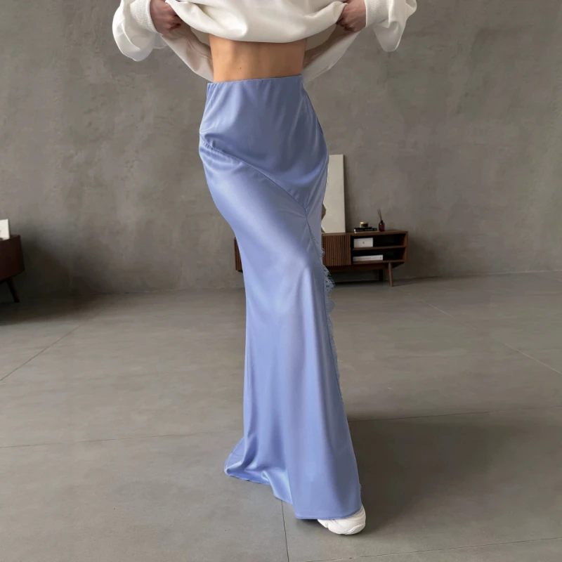 TARUXY Sexy Lace-paneled slit skirt Women Satin solid-color high-waisted commuting Fashion Elegant long skirt female summer New