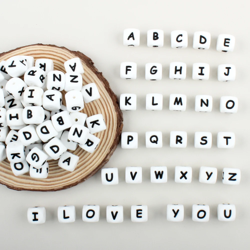 50pcs 12mm Silicone Beads Letter Baby Teether Beads DIY Pacifier Chain Clips Personalized Name English Alphabet Chewing Beads