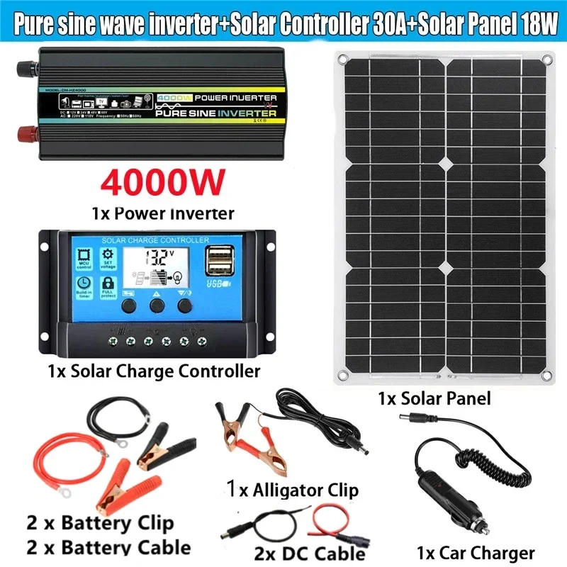 4000W 12V110/220V Pure Sine Wave Power Inverter Home Solar Power Generation System with 30A Solar Controller Solar Panel Kit