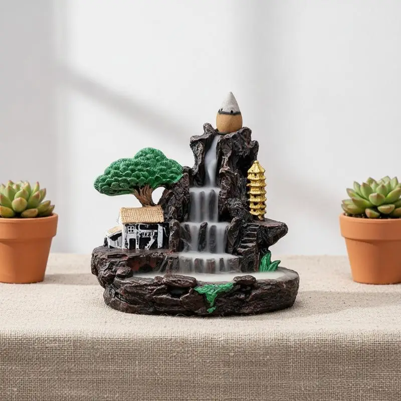 1Pcs Resin Mountain Waterfall Backflow Incense Burner Handcrafted Design Smooth Smoke Flow For Home Office Meditation Room Deco