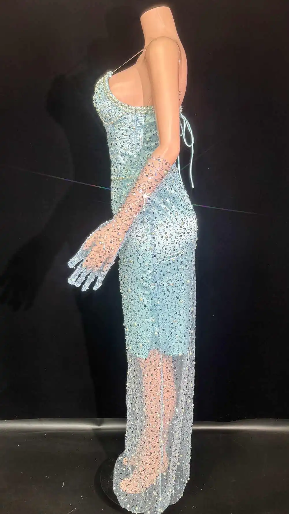 Eleganckie dżetów cekiny perły długa sukienka przezroczyste rękawiczki dla kobiet seksowny wieczorowy bal świętuj sukienkę urodzinową strój do sesji zdjęciowej