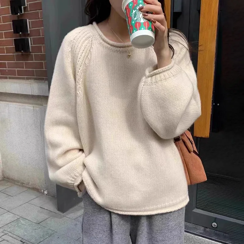 2024 Spring and Autumn New Round Neck Cashmere Women\'s Loose Korean 100% Pure Wool Knitted Pullover Top