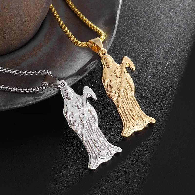 New Stainless Steel Santa Muerte and Scythe Pendant Necklace Amulet Jewelry Birthday Gift Accessories for Men and Women