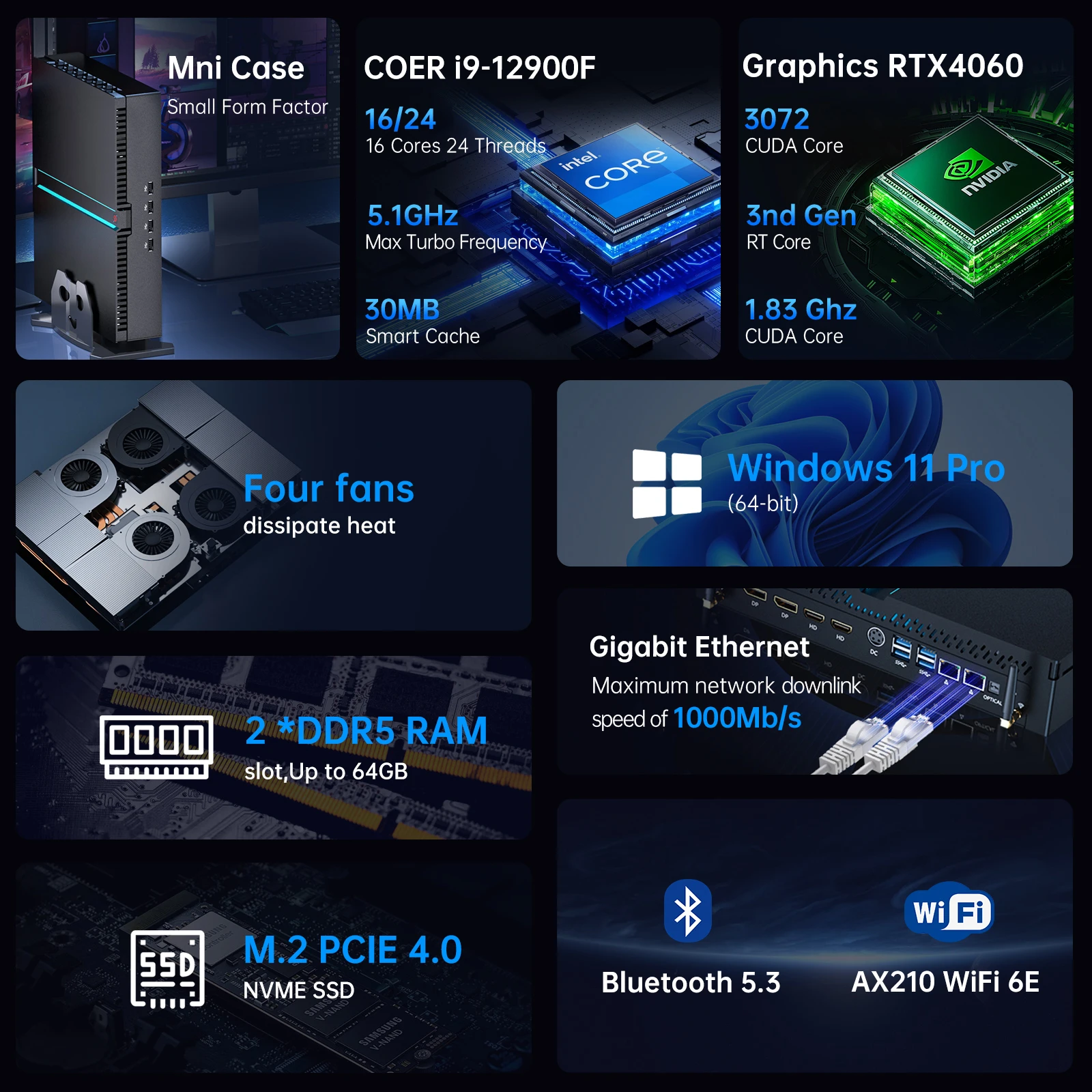جديد Msecore MV300 Intel Core 12th Gen I9-12900F RTX4060 8G بطاقة الرسومات ألعاب الكمبيوتر الصغير كمبيوتر مكتبي Windows 11 WiFi6 BT5.3