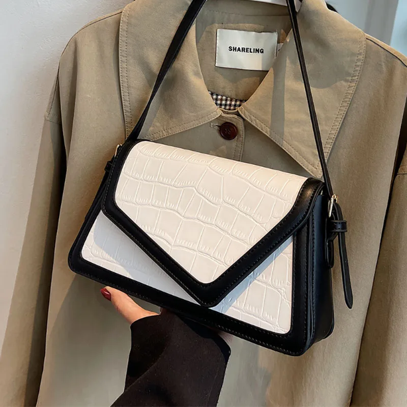 Design Sense High-End Color Contrast Underarm Bag Women New Winter Fashion All-Match Shoulder Bags Stone Pattern Texture Handbag