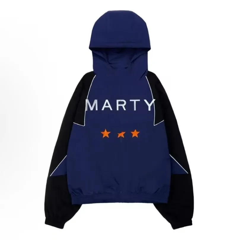 

American Style Spliced Color Marty Nahmias Collaborative Embroidered Star Letter Hooded Jacket Outerwear for Couples