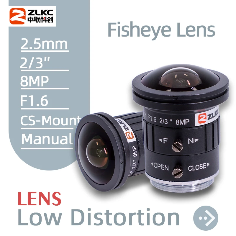 عدسة عين السمكة 8.0 ميجابيكسل HD 2.5 مللي متر ، حامل CS ، عدسة مراقبة CCTV 1080P ، عدسة CCTV 2/3 بوصة F1.6 ، البعد البؤري الثابت