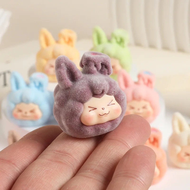 Mini Solid Color Flocked Rabbit Sauce Heart Rabbit Head Kiki Cute Grain Diy Accessories Resin Trendy Desktop Creative Ornaments