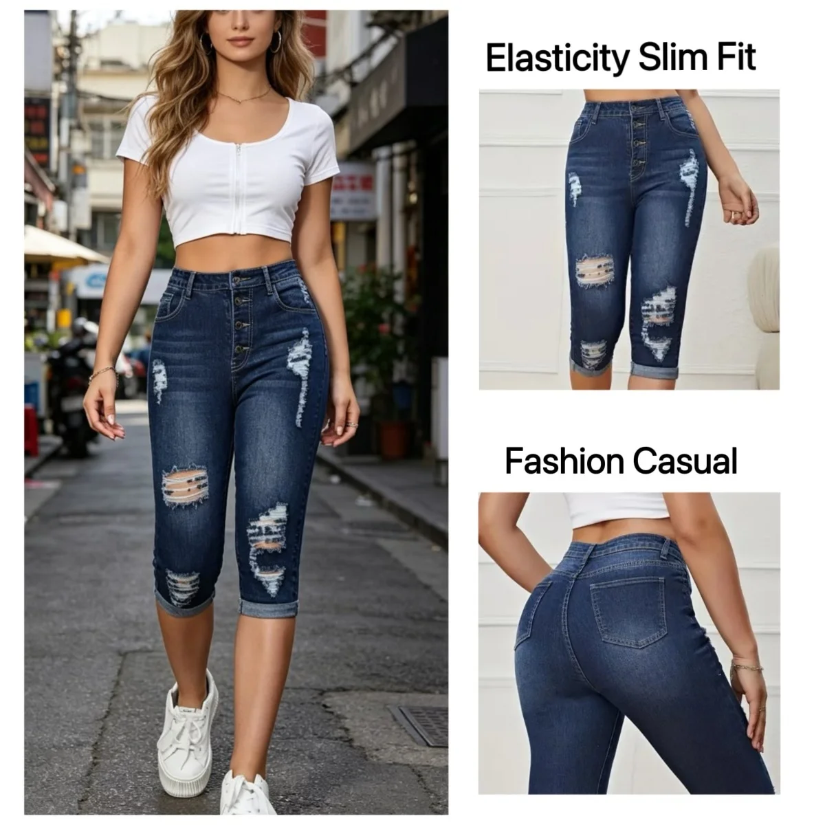Elasticity Women's Calf-Length Denim Shorts Europe and America High Street Vintage Hole Capri jeans Xshape Calf-Length Hot pants