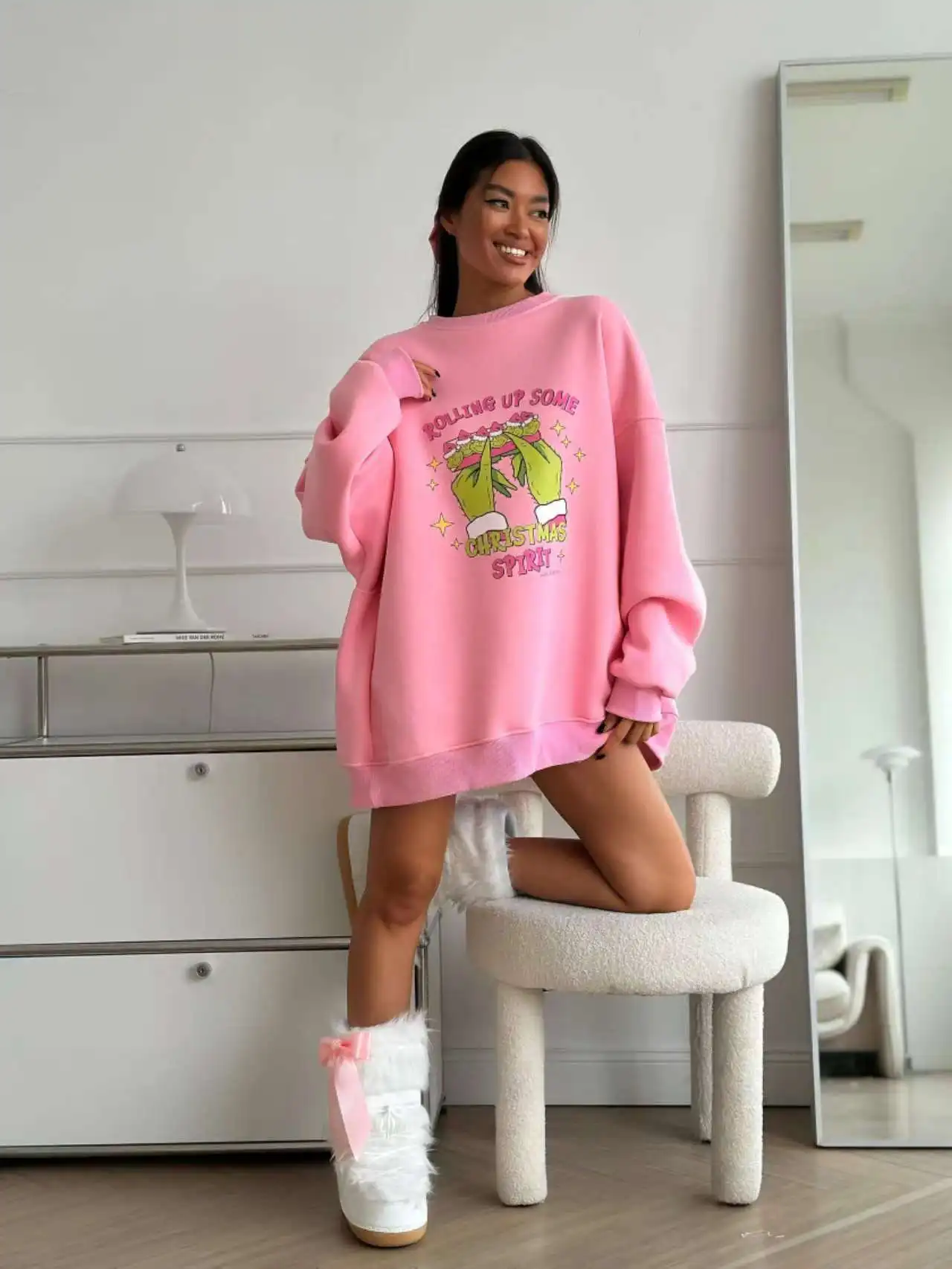 Kerst Russisch Plezier Handafdruk Oversized Sweatshirt Dames Dunne Herfst 2025, Hoodies O Hals Lange Mouw Losse Europese Mode