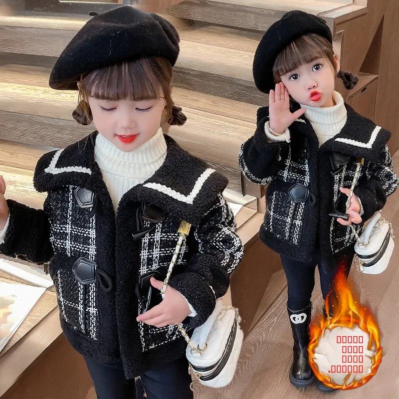 

Girls' Autumn Winter Plaid Fce Lined ort Thiened Coat Children's Baby Outfit Small Fraance Sle Slim Fit Long Sv...