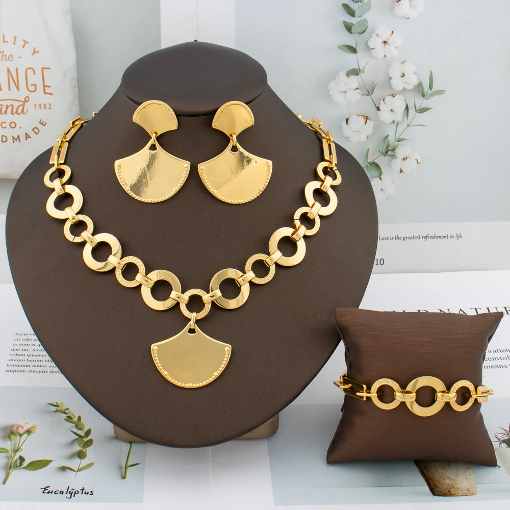 

Dubai Jewelry Set for Women Trend Gold Color Design Earrings Necklace Copper Bracelet Ring Jewelry Bride Weddings Party Gifts