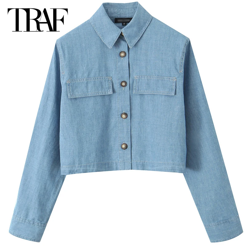 TRAF Denim Cropped Shirt Women's Blouse Spring Summer Women Lapel Collar Long Sleeve Pocket Top Elegant Blouses For Ladies 2024