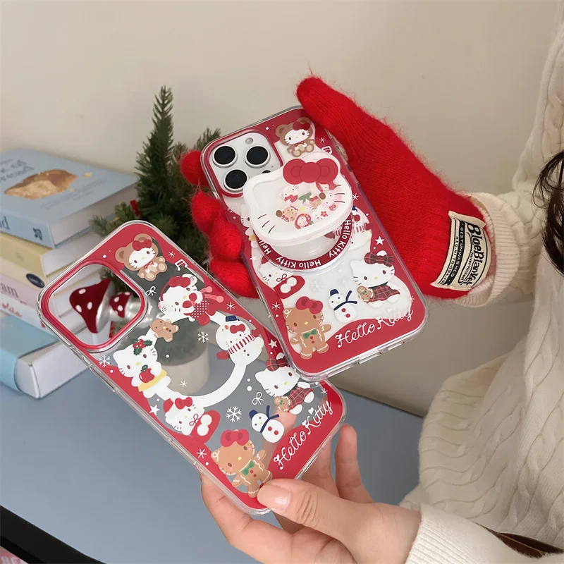 Christmas Present Gingerbread Man Hello Kitty Magsafe Wireless Charge Case For iPhone 13 14 15 16Pro Max KT Shake Magnetic Stand