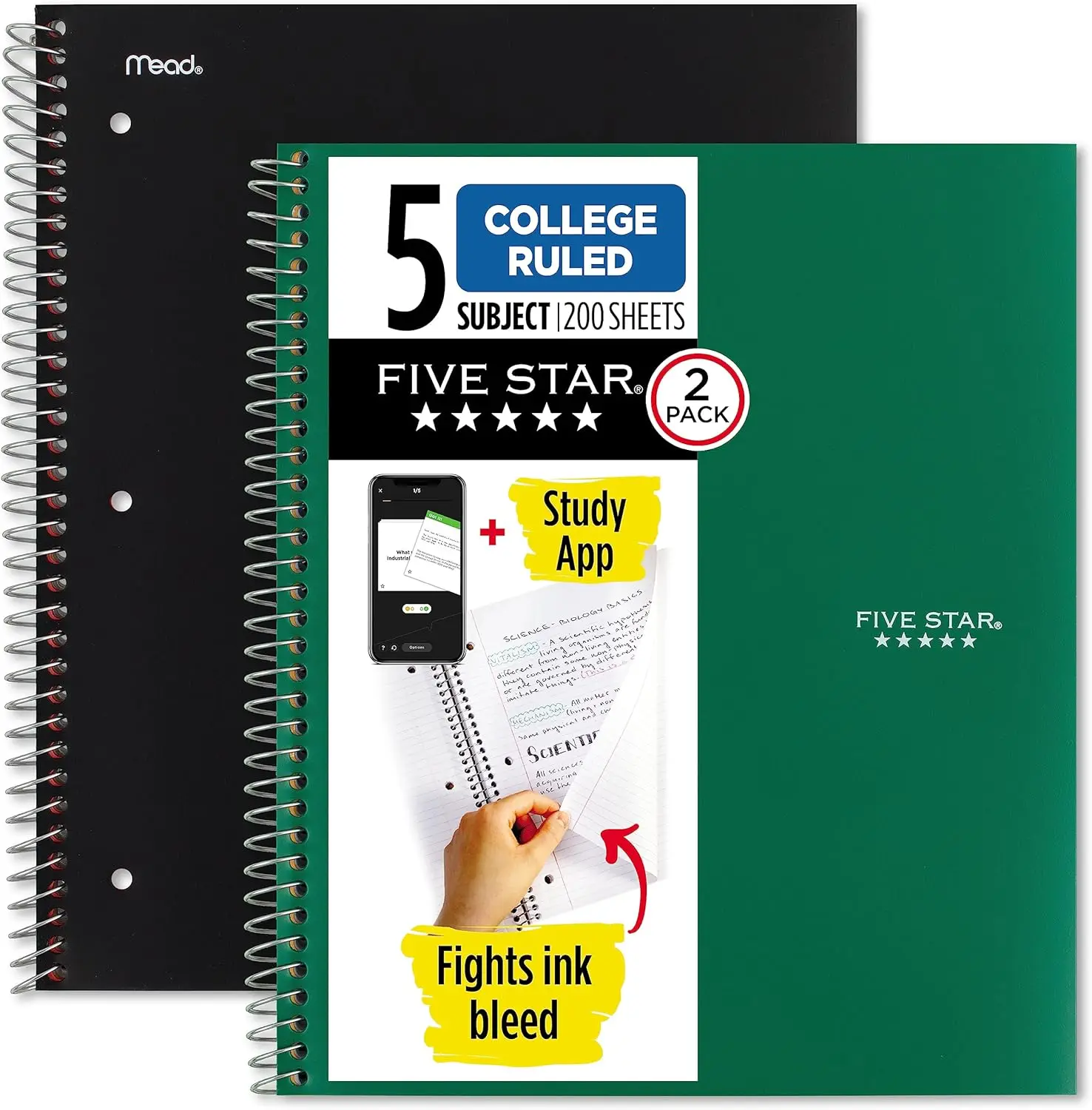 

5 Subject Spiral Notebook, College Ruled, 200 Sheets, 11"x8.5", Black & Forest Green, 2 Pack