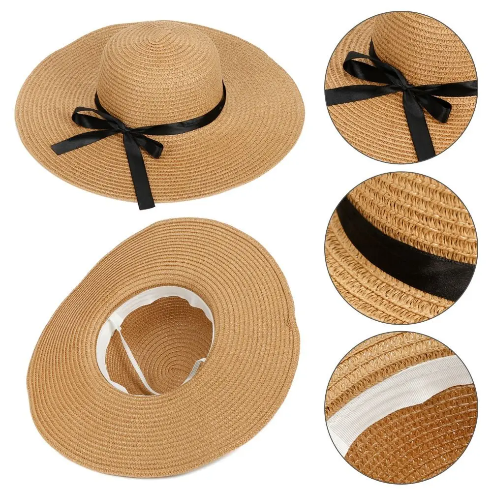 Women Beach Hat Foldable Floppy Straw Caps Big Wide Brim Summer Bow Cap Straw Cap Sun Hat