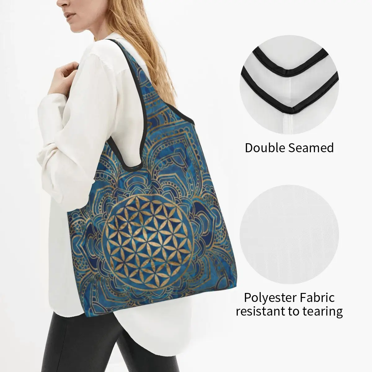 Flower Of Life In Lotus Mandala Groceries Tote Shopping Bag Women Custom Shopper Shoulder Bags Large Capacity Handbags