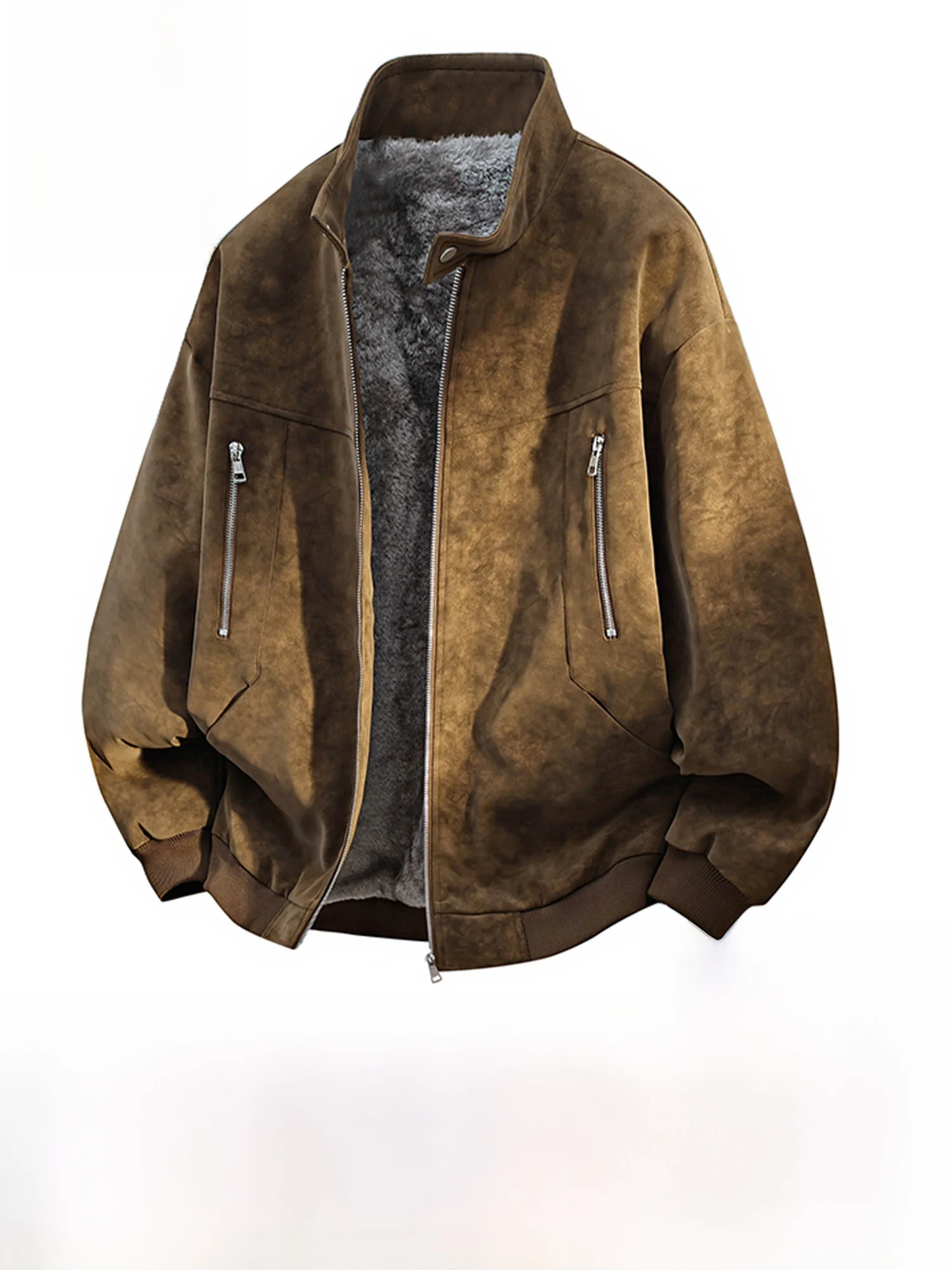 

True Weave American Sle Stand Collar Leather Jaet Men's Winter Thiened Warm Loose Coat Fce Lined PU Leather Jaet