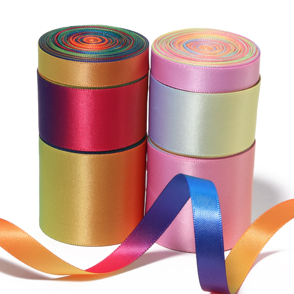 5yards/lot Double Face Gradient Rainbow Polyester Satin Ribbon Gift Flower Wrapping DIY Cat Teaser Wand Craft Decoration