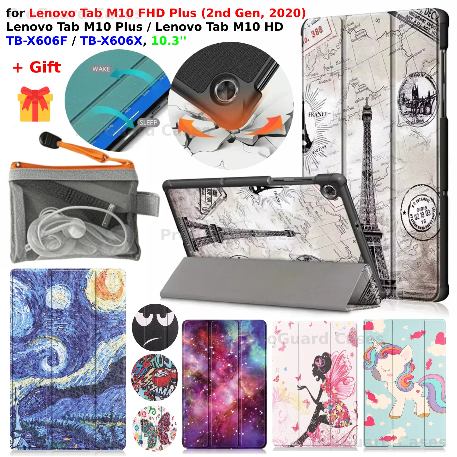 For Lenovo Tab M10 FHD Plus 2nd Gen 2020 Case 10.3'' Folding Stand PU Leather Cover TB-X606F X606X Sleep/Wake Tab M10 Plus Funda