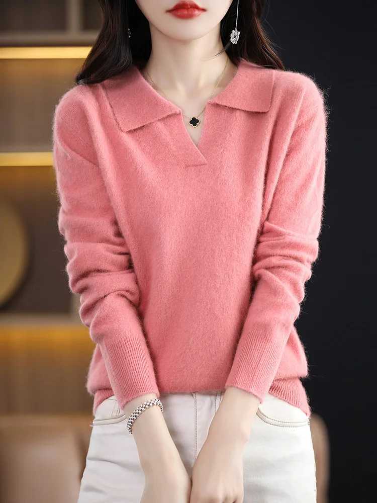 Women\'s 100% Mink Cashmere Sweater Polo Collar Pullovers Long Sleeve Solid Knitwear Korean Popular Clothes Tops Autumn Winter