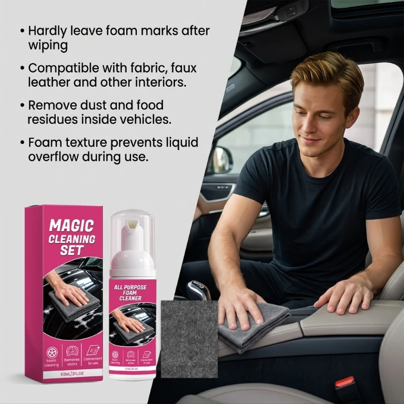 Car Interior Cleaner with Microfiber Cloth for Dashboard and Console Wipe Downs, 60 No-Rinse Auto Cleaning Set for H9EE
