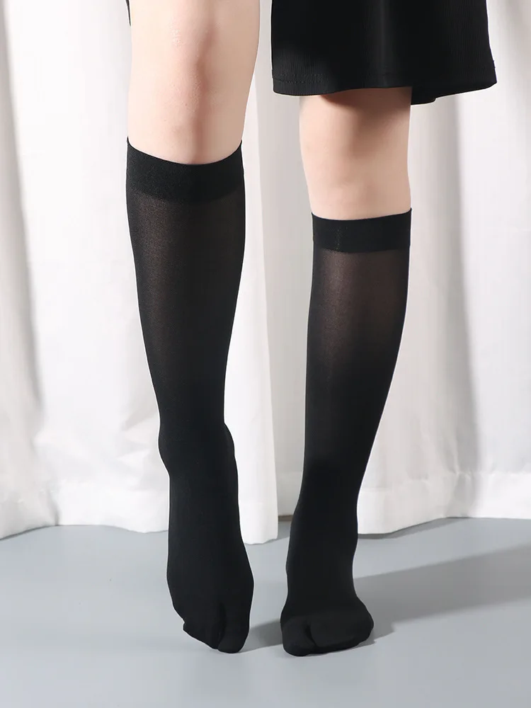 2 Pairs Long Stockings for Women Men Two Toe Tabi Calf Socks Solid Black Nude Anti-slip Sweat Absorbing Anti-friction Silk Socks