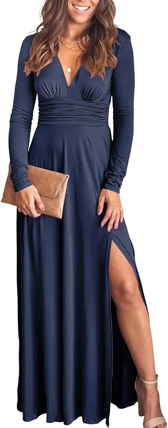 Vestido largo maxi para mujer, cuello en V profundo, manga larga, abertura, otoño 2025, elegante, formal, invitados de boda, cóctel, noche, fecha, graduación