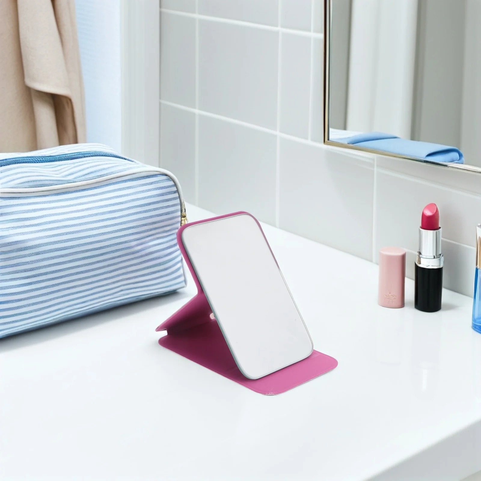 Espelho de maquiagem dobrável portátil, 4 unidades, estrutura pu, alta definição, compacto, mesa de viagem, espelho de vaidade, suporte de mesa, espelhos portáteis